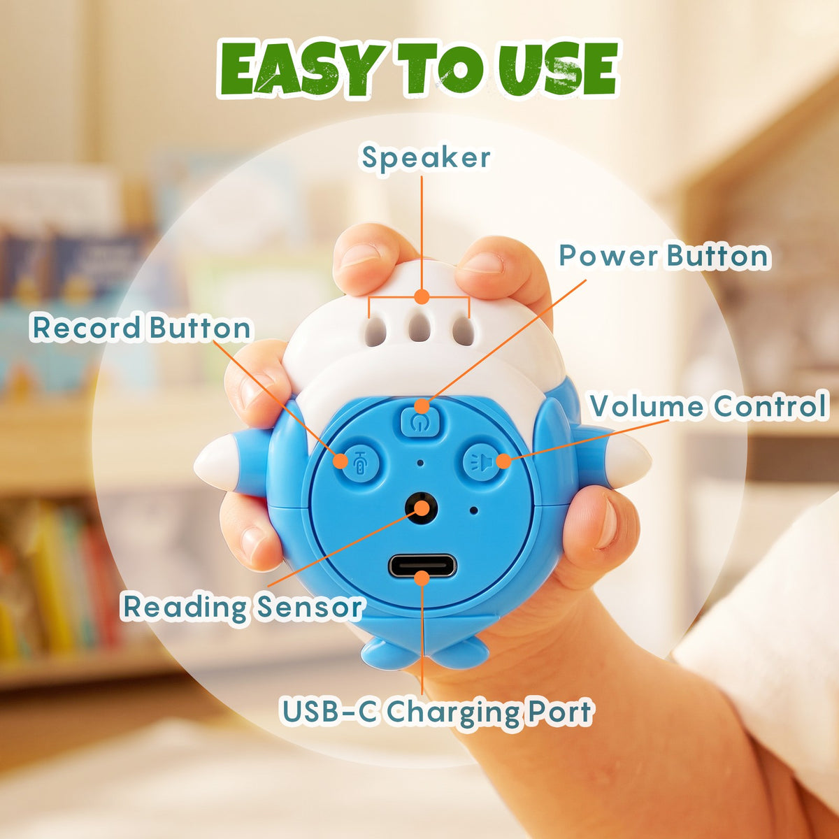 Back controls, reading sensor, speaker and USB-C port on MiniFly dolphin toy