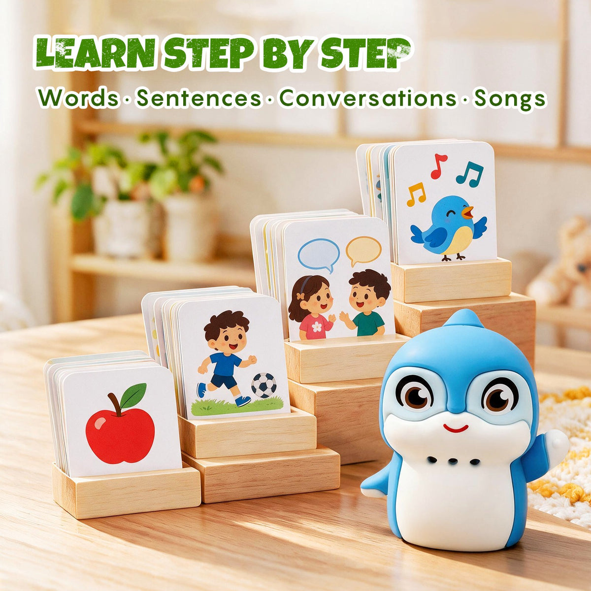 Learning cards for words sentences conversations and songs