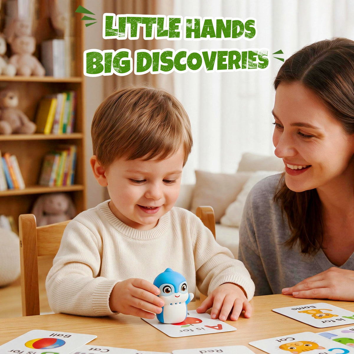 Parent and child learning together with MiniFly dolphin toy