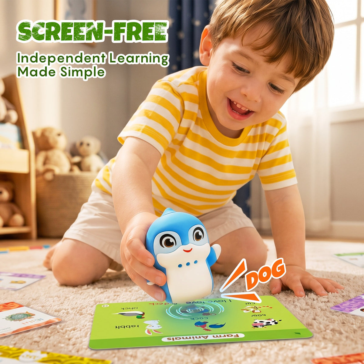 Child using the MiniFly dolphin learning toy without a screen