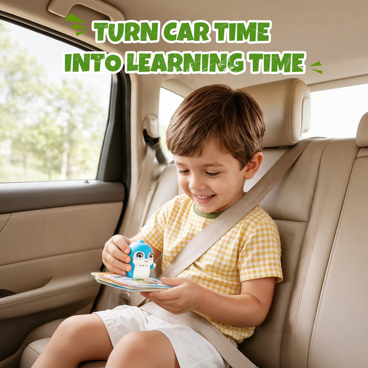 Child learning in the car with MiniFly dolphin toy