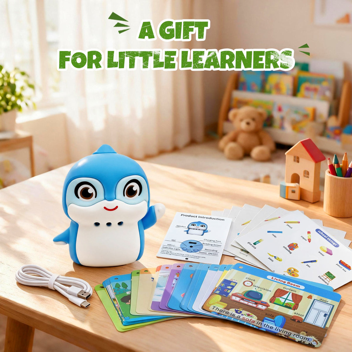 MiniFly dolphin tap-to-learn toy gift set with cards and charging cable